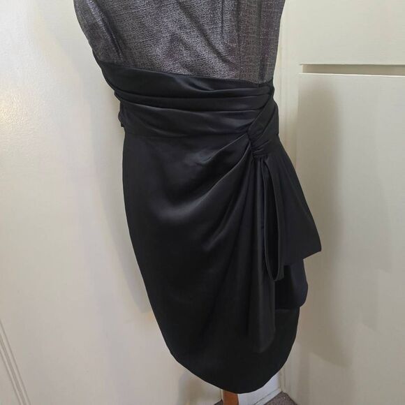 Maggy London Black Satin/Dark Silver Lamé Cocktail 1 Shoulder Dress, EUC, S.14 - Picture 4 of 13